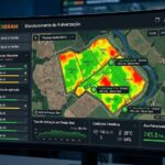 Uma foto em close-up de um monitor de computador exibindo o painel digital do sistema GEOIBRAM - Monitoramento de Pulverização. No centro da tela, há um mapa de satélite detalhado de uma propriedade agrícola ("Fazenda Santa Maria", no Mato Grosso) dividido em talhões coloridos em tons de verde, amarelo e vermelho, indicando a taxa de aplicação da pulverização (de baixa a alta). Ícones na tela representam tratores em atividade com informações em tempo real (como velocidade de 18 km/h e vazão de 105 L/ha).