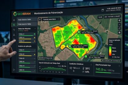 Uma foto em close-up de um monitor de computador exibindo o painel digital do sistema GEOIBRAM - Monitoramento de Pulverização. No centro da tela, há um mapa de satélite detalhado de uma propriedade agrícola ("Fazenda Santa Maria", no Mato Grosso) dividido em talhões coloridos em tons de verde, amarelo e vermelho, indicando a taxa de aplicação da pulverização (de baixa a alta). Ícones na tela representam tratores em atividade com informações em tempo real (como velocidade de 18 km/h e vazão de 105 L/ha).