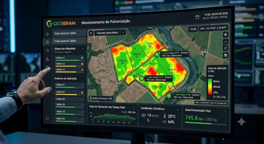 Uma foto em close-up de um monitor de computador exibindo o painel digital do sistema GEOIBRAM - Monitoramento de Pulverização. No centro da tela, há um mapa de satélite detalhado de uma propriedade agrícola ("Fazenda Santa Maria", no Mato Grosso) dividido em talhões coloridos em tons de verde, amarelo e vermelho, indicando a taxa de aplicação da pulverização (de baixa a alta). Ícones na tela representam tratores em atividade com informações em tempo real (como velocidade de 18 km/h e vazão de 105 L/ha).