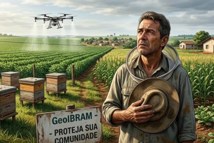 Apicultor brasileiro olhando preocupado para drone pulverizando lavoura vizinha, com colmeias ao fundo e placa do GeoIBRAM