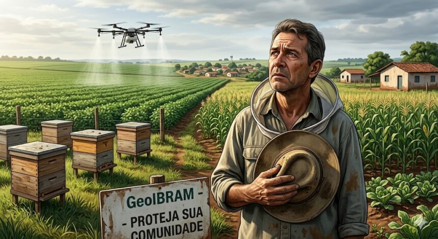 Apicultor brasileiro olhando preocupado para drone pulverizando lavoura vizinha, com colmeias ao fundo e placa do GeoIBRAM