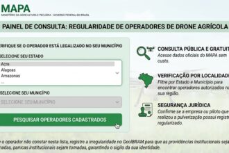 nterface simulada do Ministério da Agricultura para consulta de drones legais, destacando a importância da segurança jurídica e o registro de irregularidades no GeoIBRAM