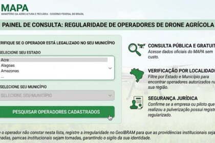nterface simulada do Ministério da Agricultura para consulta de drones legais, destacando a importância da segurança jurídica e o registro de irregularidades no GeoIBRAM