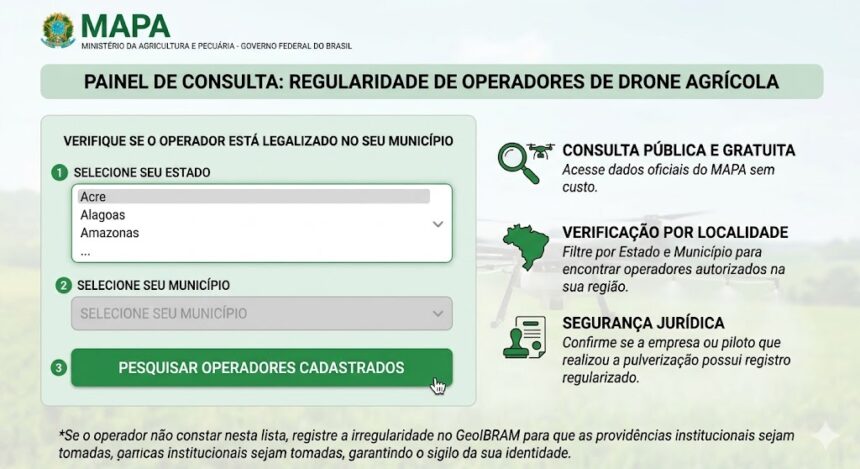 nterface simulada do Ministério da Agricultura para consulta de drones legais, destacando a importância da segurança jurídica e o registro de irregularidades no GeoIBRAM