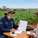 Engenheiro agrônomo emitindo receituário agronômico em plantação de milho no cerrado.