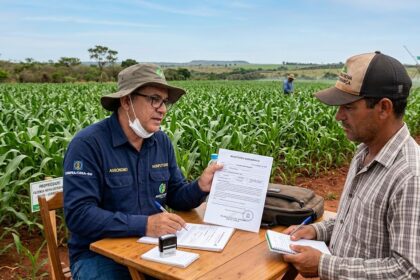 Engenheiro agrônomo emitindo receituário agronômico em plantação de milho no cerrado.