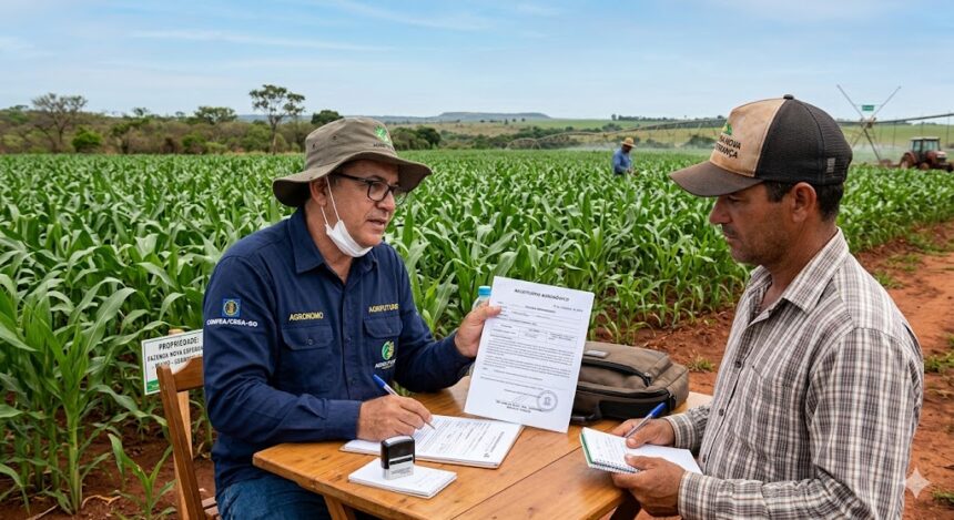 Engenheiro agrônomo emitindo receituário agronômico em plantação de milho no cerrado.