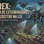 uma esquadra de drones robóticos com formato de tiranossauro rex (BEE-REX) sobrevoando um meliponário de abelhas nativas. Os drones pulverizam agrotóxicos sobre as colmeias em um ambiente de floresta. No canto superior, o título "BEE-REX: A ESQUADRA DE EXTERMINADORES QUE RESSUSCITOU NA LEI