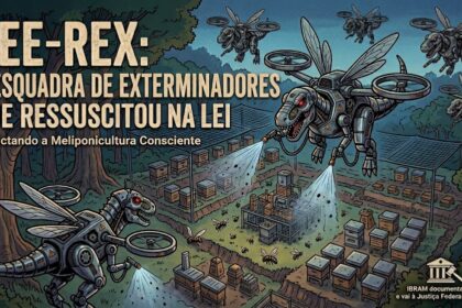 uma esquadra de drones robóticos com formato de tiranossauro rex (BEE-REX) sobrevoando um meliponário de abelhas nativas. Os drones pulverizam agrotóxicos sobre as colmeias em um ambiente de floresta. No canto superior, o título "BEE-REX: A ESQUADRA DE EXTERMINADORES QUE RESSUSCITOU NA LEI