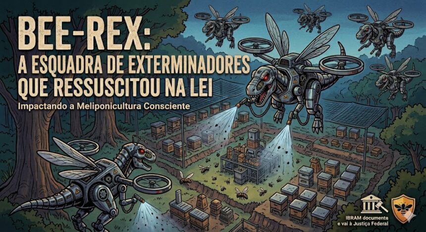 uma esquadra de drones robóticos com formato de tiranossauro rex (BEE-REX) sobrevoando um meliponário de abelhas nativas. Os drones pulverizam agrotóxicos sobre as colmeias em um ambiente de floresta. No canto superior, o título "BEE-REX: A ESQUADRA DE EXTERMINADORES QUE RESSUSCITOU NA LEI