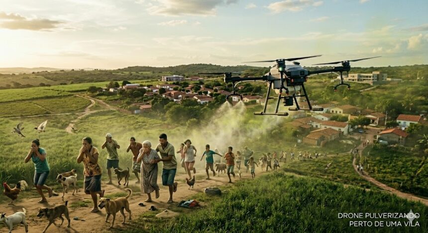 Esta imagem é uma representação visual dramática e impactante sobre os riscos da deriva de agrotóxicos