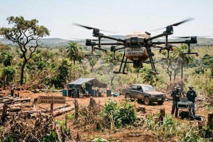 Uma fotografia digital realista retrata uma cena de desmatamento ilegal no Cerrado goiano