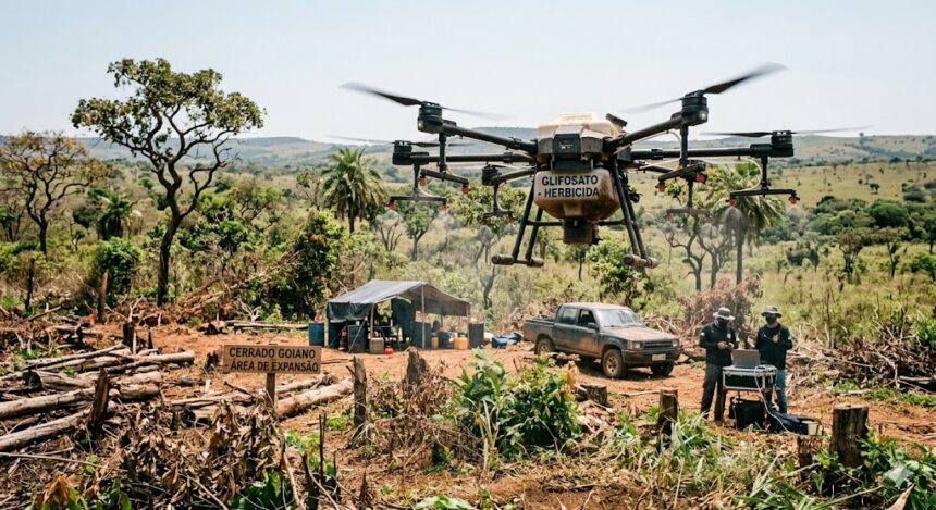 Uma fotografia digital realista retrata uma cena de desmatamento ilegal no Cerrado goiano