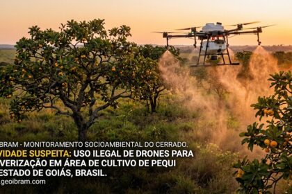 drone libera uma nuvem densa de pulverização química (defensivos ou herbicidas) diretamente sobre a vegetação nativa