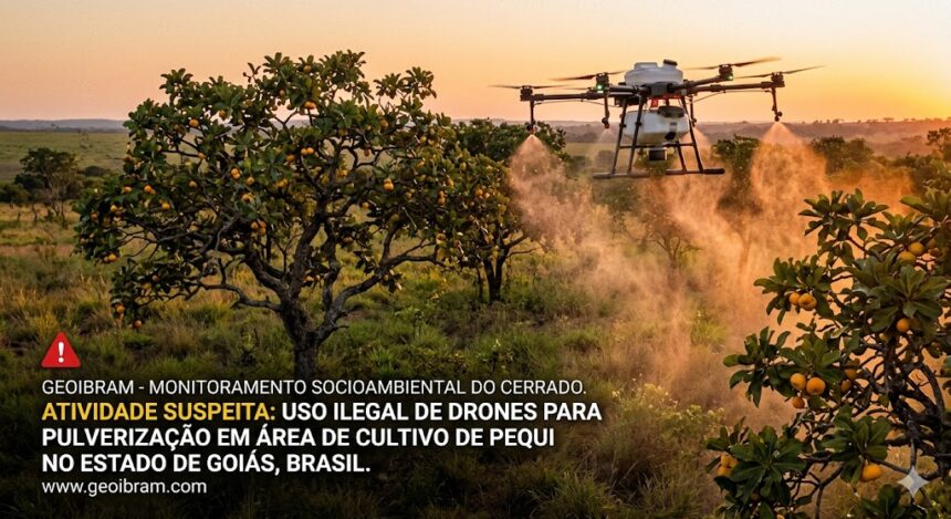drone libera uma nuvem densa de pulverização química (defensivos ou herbicidas) diretamente sobre a vegetação nativa