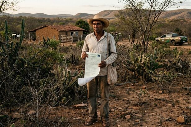 otografia de um produtor rural idoso, de pele morena e chapéu de palha, em pé no centro de uma paisagem seca da Caatinga no Ceará. Ele veste camisa clara de mangas longas e calça comprida, expressando preocupação ao segurar um documento oficial impresso (auto de infração). Ao fundo, vê-se uma casa de taipa simples, vegetação nativa com cactos (mandacarus), arbustos secos e, ao longe, uma caminhonete oficial de fiscalização ambiental estacionada perto das colinas sob o céu de fim de tarde
