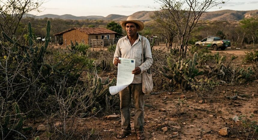 otografia de um produtor rural idoso, de pele morena e chapéu de palha, em pé no centro de uma paisagem seca da Caatinga no Ceará. Ele veste camisa clara de mangas longas e calça comprida, expressando preocupação ao segurar um documento oficial impresso (auto de infração). Ao fundo, vê-se uma casa de taipa simples, vegetação nativa com cactos (mandacarus), arbustos secos e, ao longe, uma caminhonete oficial de fiscalização ambiental estacionada perto das colinas sob o céu de fim de tarde