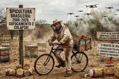 Fotografia realista de um pequeno apicultor nordestino com expressão de preocupação, montado em uma bicicleta antiga carregando uma caixa de colmeia na garupa. Ele está em um apiário na Caatinga seca, cercado por caixas de abelhas de madeira. Ao fundo, no céu nublado, um enxame de drones agrícolas pulveriza agrotóxicos sobre a vegetação. No chão, potes de mel puro tombados contrastam com potes de 'preparado de mel e xarope de açúcar' falsificados. Placas rústicas de madeira ao redor trazem os textos: 'Apicultura Brasileira: 2006-2026. Sufocamento e Colapso!', 'Lei Nº 14.119 (Sem PSA) - Quem paga a conta são as abelhas e o pequeno apicultor' e '3 Frentes de Ataque: Pulverização por drones, Embargo europeu e dumping, Fraude do preparado de mel'."