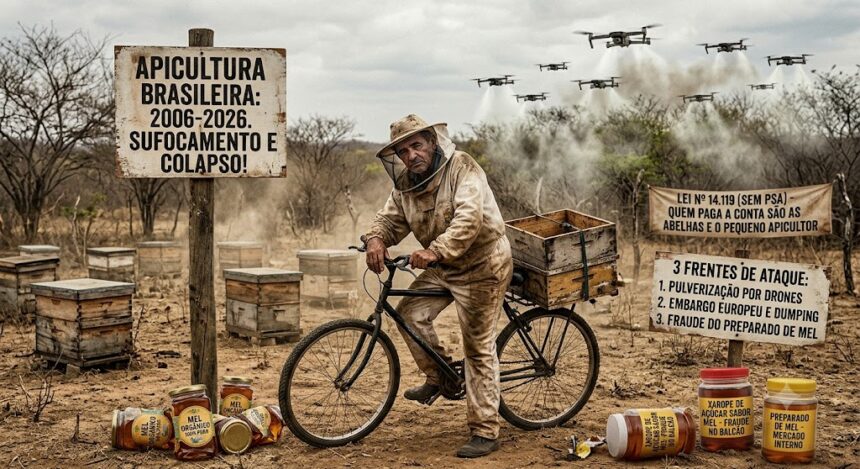Fotografia realista de um pequeno apicultor nordestino com expressão de preocupação, montado em uma bicicleta antiga carregando uma caixa de colmeia na garupa. Ele está em um apiário na Caatinga seca, cercado por caixas de abelhas de madeira. Ao fundo, no céu nublado, um enxame de drones agrícolas pulveriza agrotóxicos sobre a vegetação. No chão, potes de mel puro tombados contrastam com potes de 'preparado de mel e xarope de açúcar' falsificados. Placas rústicas de madeira ao redor trazem os textos: 'Apicultura Brasileira: 2006-2026. Sufocamento e Colapso!', 'Lei Nº 14.119 (Sem PSA) - Quem paga a conta são as abelhas e o pequeno apicultor' e '3 Frentes de Ataque: Pulverização por drones, Embargo europeu e dumping, Fraude do preparado de mel'."