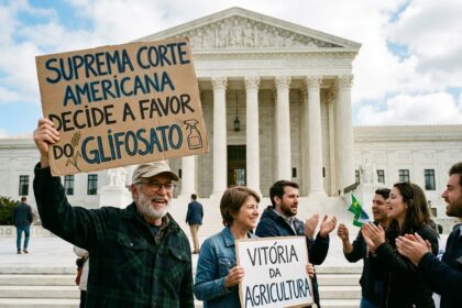 cartaz principal, que diz "SUPREMA CORTE AMERICANA DECIDE A FAVOR DO GLIFOSATO", e o cartaz menor que a mulher segura, "VITÓRIA DA AGRICULTURA", deixam claro o motivo da comemoração. Embora na vida real a situação jurídica nos EUA tenha sido complexa (com a Suprema Corte tendo rejeitado alguns recursos importantes da Bayer e aceitado julgar outros relacionados à rotulagem), a imagem ilustra uma vitória decisiva para o setor que defende o uso do herbicida.