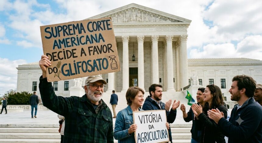 cartaz principal, que diz "SUPREMA CORTE AMERICANA DECIDE A FAVOR DO GLIFOSATO", e o cartaz menor que a mulher segura, "VITÓRIA DA AGRICULTURA", deixam claro o motivo da comemoração. Embora na vida real a situação jurídica nos EUA tenha sido complexa (com a Suprema Corte tendo rejeitado alguns recursos importantes da Bayer e aceitado julgar outros relacionados à rotulagem), a imagem ilustra uma vitória decisiva para o setor que defende o uso do herbicida.
