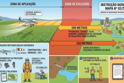 Descrição da imagem: Infográfico ilustrativo sobre as regras de segurança operacional para aviação agrícola, segundo a Instrução Normativa MAPA nº 02/2008 (Artigo 10). A imagem é dividida em duas partes principais: uma representação visual das distâncias de segurança no topo e um checklist de boas práticas na base. Na parte superior esquerda, uma aeronave agrícola voa sobre uma plantação verde (zona de aplicação), liberando defensivos. Ao centro, uma faixa vermelha vertical indica a "Zona de Exclusão". Duas setas horizontais apontam para a direita delimitando as distâncias legais: a primeira seta indica 500 metros de distância obrigatória para povoações, cidades, vilas, bairros e mananciais de captação de água para abastecimento; a segunda seta indica 250 metros para casas isoladas e pequenos córregos de água. À direita, há uma ilustração de uma pequena cidade com casas e um rio.