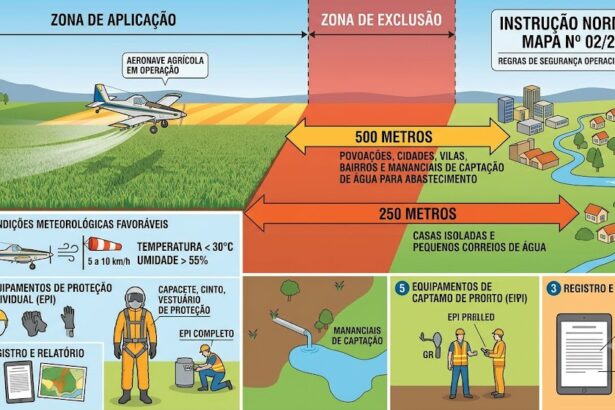Descrição da imagem: Infográfico ilustrativo sobre as regras de segurança operacional para aviação agrícola, segundo a Instrução Normativa MAPA nº 02/2008 (Artigo 10). A imagem é dividida em duas partes principais: uma representação visual das distâncias de segurança no topo e um checklist de boas práticas na base. Na parte superior esquerda, uma aeronave agrícola voa sobre uma plantação verde (zona de aplicação), liberando defensivos. Ao centro, uma faixa vermelha vertical indica a "Zona de Exclusão". Duas setas horizontais apontam para a direita delimitando as distâncias legais: a primeira seta indica 500 metros de distância obrigatória para povoações, cidades, vilas, bairros e mananciais de captação de água para abastecimento; a segunda seta indica 250 metros para casas isoladas e pequenos córregos de água. À direita, há uma ilustração de uma pequena cidade com casas e um rio.