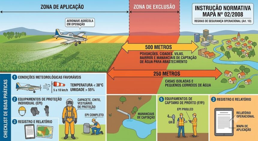 Descrição da imagem: Infográfico ilustrativo sobre as regras de segurança operacional para aviação agrícola, segundo a Instrução Normativa MAPA nº 02/2008 (Artigo 10). A imagem é dividida em duas partes principais: uma representação visual das distâncias de segurança no topo e um checklist de boas práticas na base. Na parte superior esquerda, uma aeronave agrícola voa sobre uma plantação verde (zona de aplicação), liberando defensivos. Ao centro, uma faixa vermelha vertical indica a "Zona de Exclusão". Duas setas horizontais apontam para a direita delimitando as distâncias legais: a primeira seta indica 500 metros de distância obrigatória para povoações, cidades, vilas, bairros e mananciais de captação de água para abastecimento; a segunda seta indica 250 metros para casas isoladas e pequenos córregos de água. À direita, há uma ilustração de uma pequena cidade com casas e um rio.