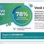 Infográfico institucional do GEOIBRAM estruturado como um painel digital. No lado esquerdo, destaca-se o título 'Destaques Exclusivo GEOIBRAM' com etiquetas verdes para 'Impacto Ambiental' e 'Produtor Rural'. Ao centro, um gráfico circular exibe em letras grandes '78% dos drones fora do sistema', com a legenda informativa 'Apenas 22% cadastrados no SIPEAGRO'. No lado direito, o texto pergunta 'Você sabia?' e detalha que o Ministério da Agricultura admite que 78% dos drones agrícolas no Brasil operam fora do sistema de notificação obrigatória (35.000 voando contra apenas 7.811 cadastrados). Na barra inferior azul, destaca-se o texto 'O que é o GEOIBRAM? Mapeia Colmeias | Agenda Pulverizações | Gera Registros com Valor Jurídico'."