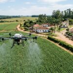 Fotografia aérea em ângulo plongée mostrando um grande drone agrícola cinza sobrevoando e pulverizando uma plantação verde e densa. O drone está em primeiro plano, à esquerda, liberando uma névoa fina sobre as culturas. Ao fundo, à direita, há uma pequena e charmosa vila rural com uma estrada de terra, casas de alvenaria com telhados de barro, uma pequena igreja branca com torre sineira e palmeiras, cercada por colinas e vegetação sob um céu azul com nuvens esparsas