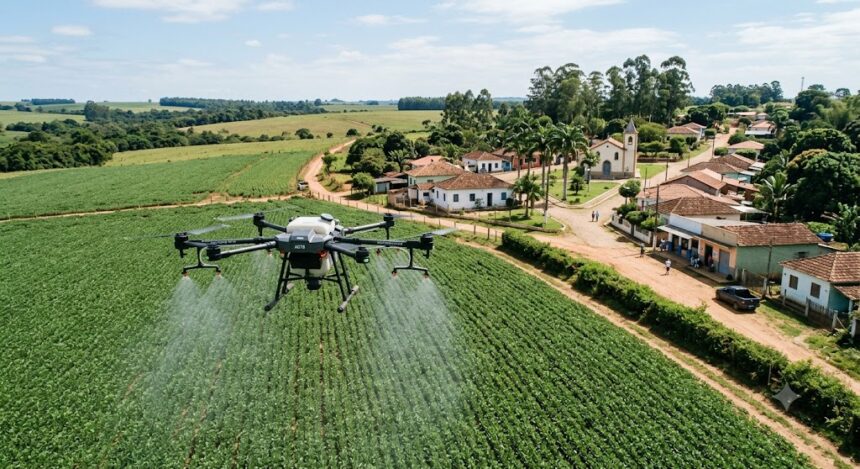 Fotografia aérea em ângulo plongée mostrando um grande drone agrícola cinza sobrevoando e pulverizando uma plantação verde e densa. O drone está em primeiro plano, à esquerda, liberando uma névoa fina sobre as culturas. Ao fundo, à direita, há uma pequena e charmosa vila rural com uma estrada de terra, casas de alvenaria com telhados de barro, uma pequena igreja branca com torre sineira e palmeiras, cercada por colinas e vegetação sob um céu azul com nuvens esparsas
