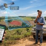 magem digital mostrando um fazendeiro em pé ao lado de uma caminhonete em uma área rural, olhando com apreensão para o céu. Acima dele, um satélite do IBAMA emite um feixe de luz azul holográfico que escaneia uma área desmatada no terreno. Em primeiro plano, uma mão segura um smartphone exibindo na tela uma notificação de "Auto de Infração Ambiental" emitida pelo IBAMA, detalhando uma multa por desmatamento detectado em tempo real.