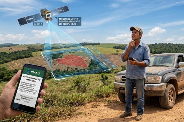 magem digital mostrando um fazendeiro em pé ao lado de uma caminhonete em uma área rural, olhando com apreensão para o céu. Acima dele, um satélite do IBAMA emite um feixe de luz azul holográfico que escaneia uma área desmatada no terreno. Em primeiro plano, uma mão segura um smartphone exibindo na tela uma notificação de "Auto de Infração Ambiental" emitida pelo IBAMA, detalhando uma multa por desmatamento detectado em tempo real.