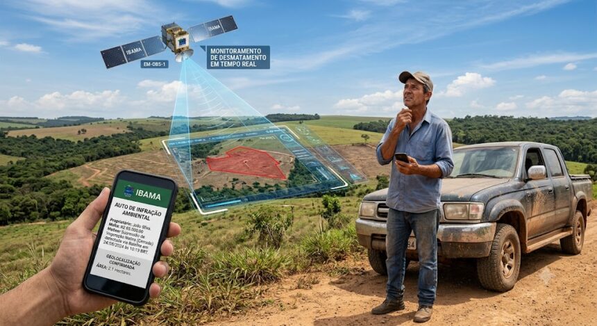 magem digital mostrando um fazendeiro em pé ao lado de uma caminhonete em uma área rural, olhando com apreensão para o céu. Acima dele, um satélite do IBAMA emite um feixe de luz azul holográfico que escaneia uma área desmatada no terreno. Em primeiro plano, uma mão segura um smartphone exibindo na tela uma notificação de "Auto de Infração Ambiental" emitida pelo IBAMA, detalhando uma multa por desmatamento detectado em tempo real.