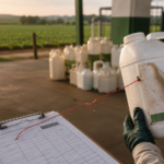 Embalagem vazia de agrotóxico com identificação removida e ligação documental interrompida durante recolhimento rural.