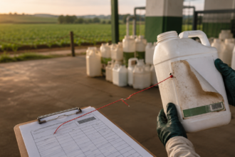 Embalagem vazia de agrotóxico com identificação removida e ligação documental interrompida durante recolhimento rural.