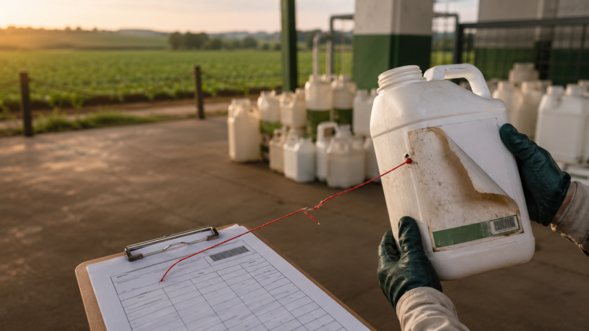 Embalagem vazia de agrotóxico com identificação removida e ligação documental interrompida durante recolhimento rural.
