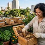 Um meliponicultor (homem ou mulher) sorridente e bem-vestido, sem necessidade de macacão pesado, cuidando carinhosamente de uma caixa racional de abelhas sem ferrão (Jataí ou Uruçu) instalada no quintal arborizado de uma casa urbana ou na varanda verde de um condomínio