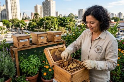 Um meliponicultor (homem ou mulher) sorridente e bem-vestido, sem necessidade de macacão pesado, cuidando carinhosamente de uma caixa racional de abelhas sem ferrão (Jataí ou Uruçu) instalada no quintal arborizado de uma casa urbana ou na varanda verde de um condomínio