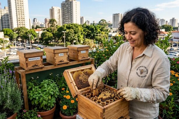 Um meliponicultor (homem ou mulher) sorridente e bem-vestido, sem necessidade de macacão pesado, cuidando carinhosamente de uma caixa racional de abelhas sem ferrão (Jataí ou Uruçu) instalada no quintal arborizado de uma casa urbana ou na varanda verde de um condomínio