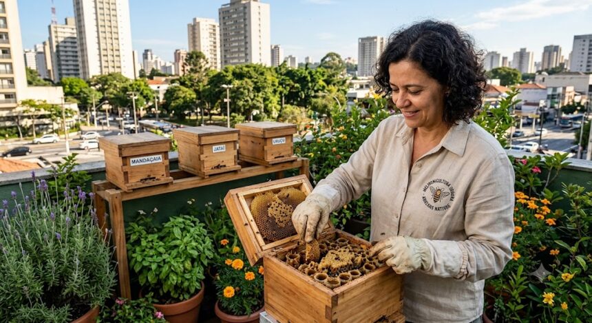Um meliponicultor (homem ou mulher) sorridente e bem-vestido, sem necessidade de macacão pesado, cuidando carinhosamente de uma caixa racional de abelhas sem ferrão (Jataí ou Uruçu) instalada no quintal arborizado de uma casa urbana ou na varanda verde de um condomínio