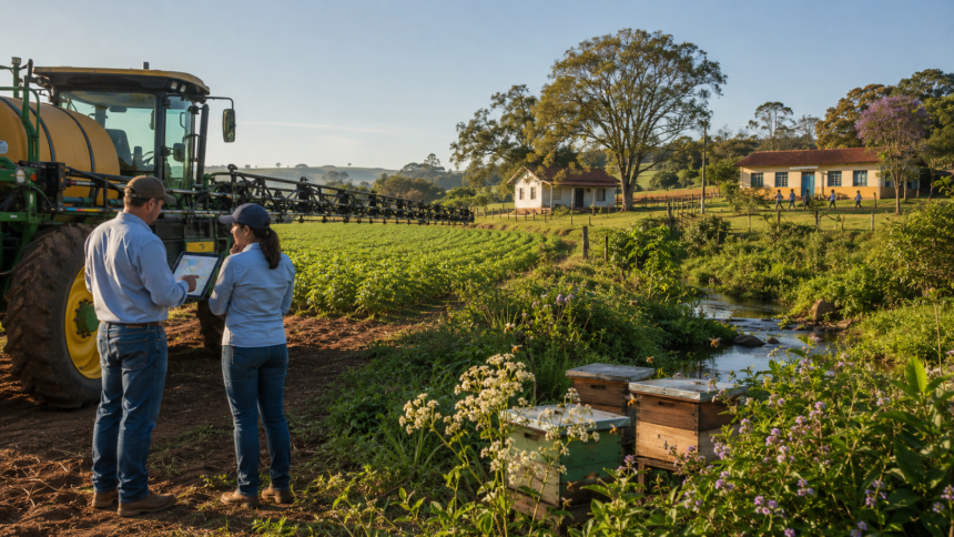 Antes de pulverizar agrotóxicos, produtor verifica escola rural, moradias, fonte de água e colmeias próximas