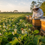 Apicultor manejando colmeias próximas a uma lavoura de soja em floração.