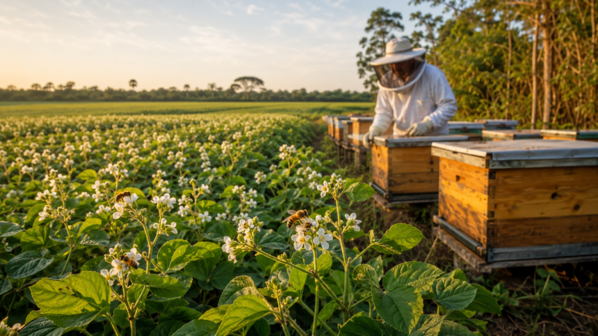 Apicultor manejando colmeias próximas a uma lavoura de soja em floração.
