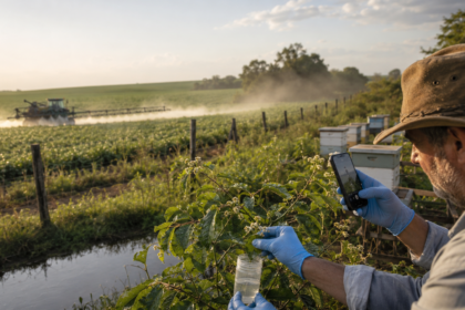 Produtor registra deriva de agrotóxico e coleta amostras próximo a apiário atingido.