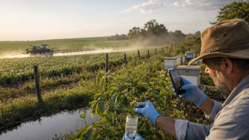 Produtor registra deriva de agrotóxico e coleta amostras próximo a apiário atingido.