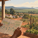 uma ilustração vista da varanda de uma moradia rural, com casas, lavouras e um mapa nas mãos de um morador. Ela põe o assentamento no centro da imagem, sem repetir as capas com logos, textos grandes ou drones em destaque