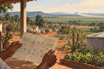 uma ilustração vista da varanda de uma moradia rural, com casas, lavouras e um mapa nas mãos de um morador. Ela põe o assentamento no centro da imagem, sem repetir as capas com logos, textos grandes ou drones em destaque
