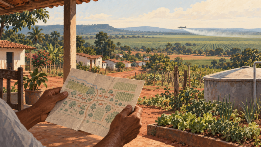 uma ilustração vista da varanda de uma moradia rural, com casas, lavouras e um mapa nas mãos de um morador. Ela põe o assentamento no centro da imagem, sem repetir as capas com logos, textos grandes ou drones em destaque