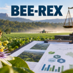 Abelha nativa diante de lavoura pulverizada, avaliação ambiental e balança da Justiça representam o exame judicial do Bee-REX.
